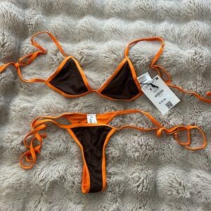 Bershka Brown Bikini with Orange Trim - Triangle String Set